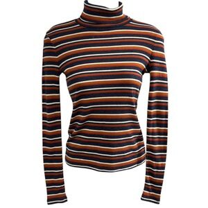 Madewell XXS Striped Turtleneck Top Navy Rust Cream Rib Knit Stretch